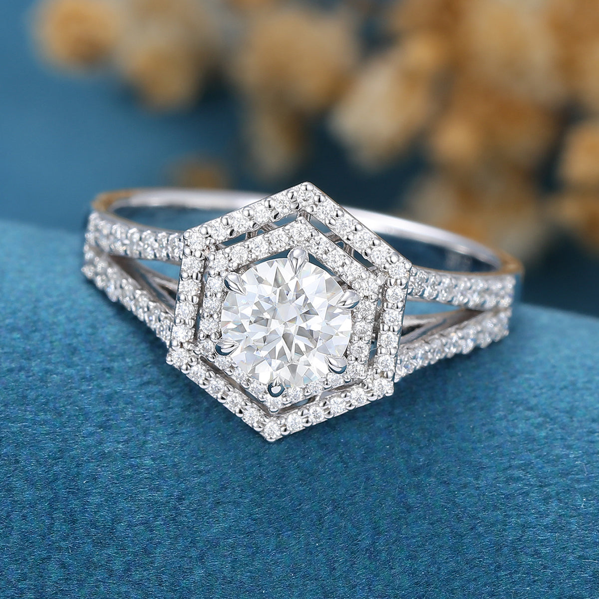0.68 CT Round Double Halo Pave & Spilt Shank Lab Grown Diamond Engagement Ring
