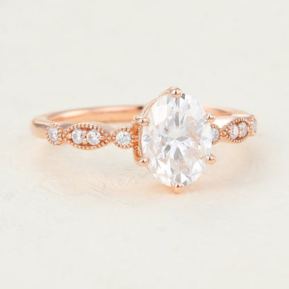 1.33 CT Oval Milgrain Pave Moissanite Engagement Ring