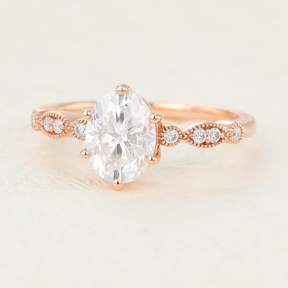 1.33 CT Oval Milgrain Pave Moissanite Engagement Ring