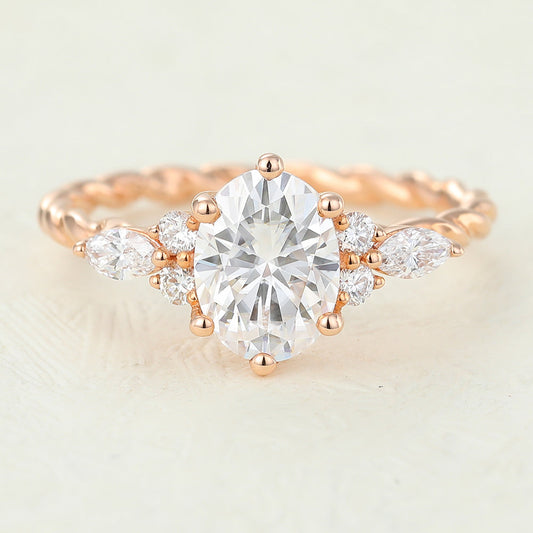1.33 CT Oval Cluster Twisted Shank Moissanite Engagement Ring
