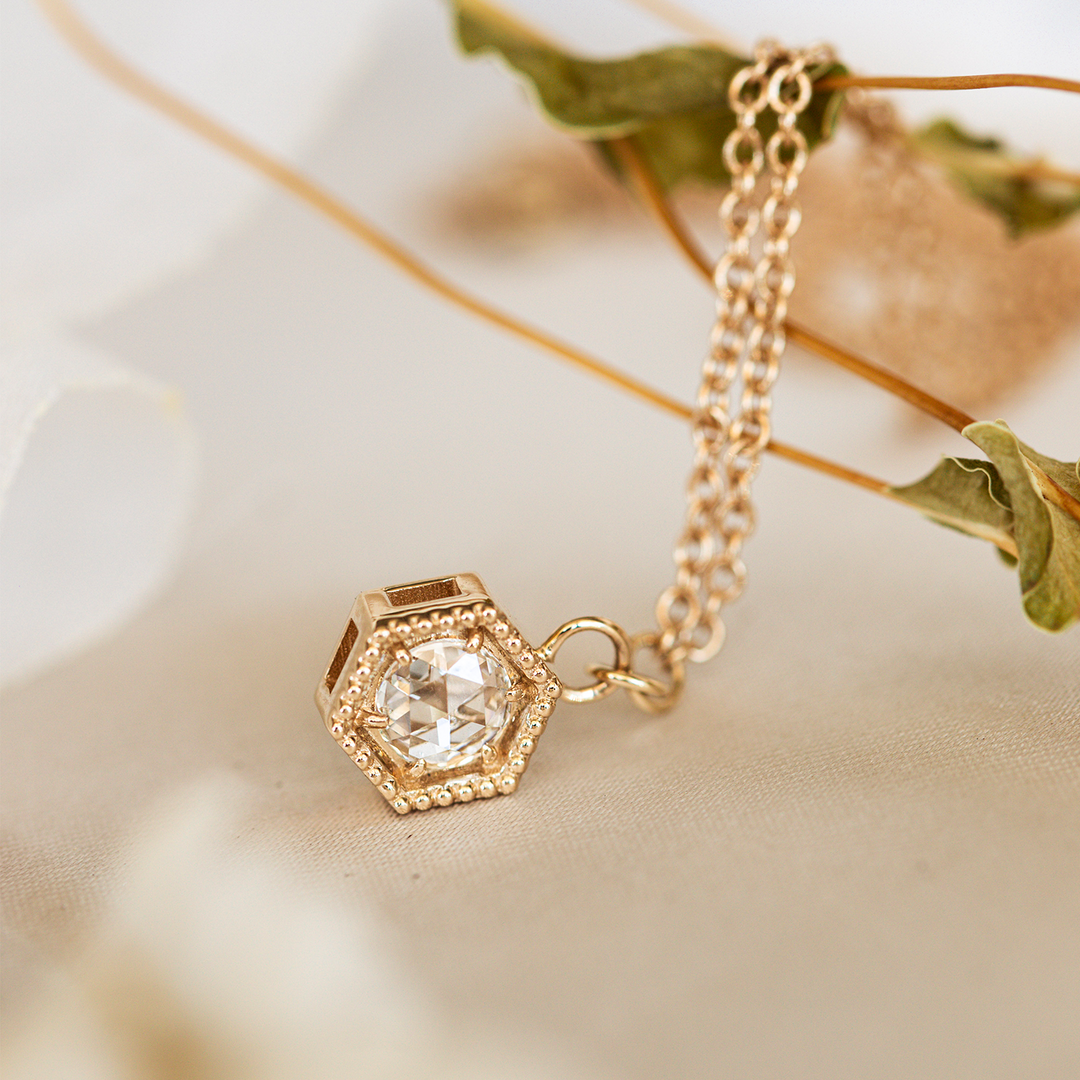 0.06 TCW Round Rose Cut Moissanite Hexagon Charm Necklace