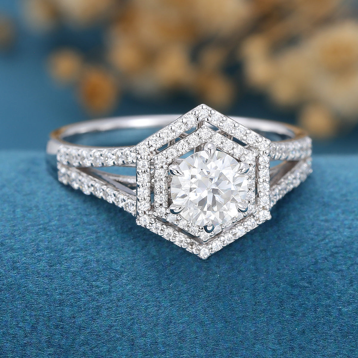 0.68 CT Round Double Halo Pave & Spilt Shank Lab Grown Diamond Engagement Ring