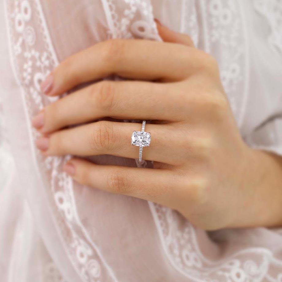 2.3 CT Elongated Cushion Hidden Halo & Pave Lab Grown Diamond Engagement Ring